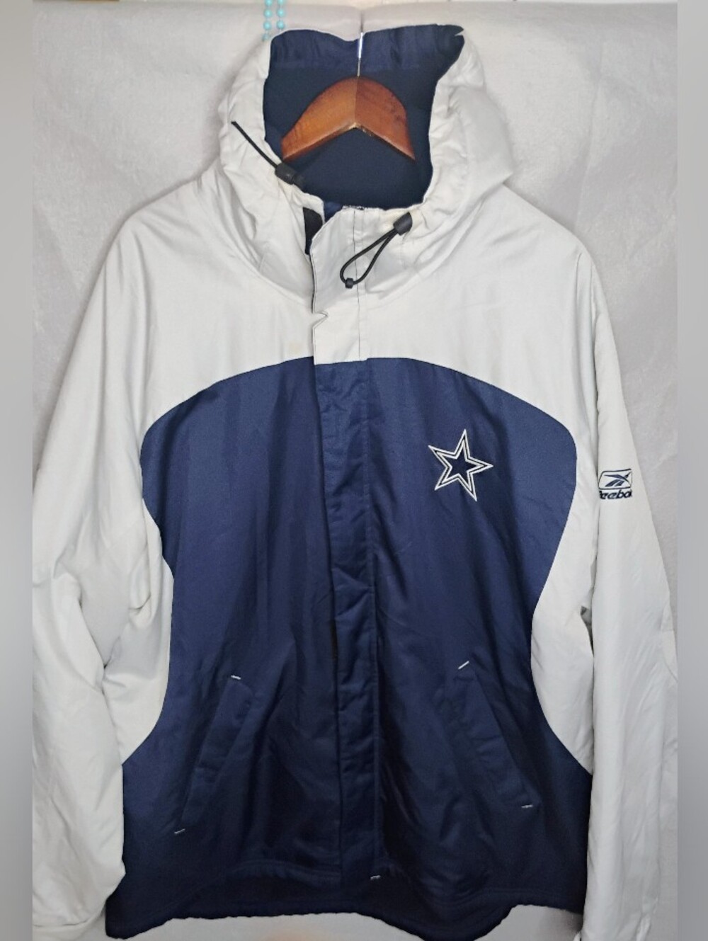 Vintage Dallas Cowboys Jacket Mens XXL Hooded Blue White Reebok Fleece Line Coat